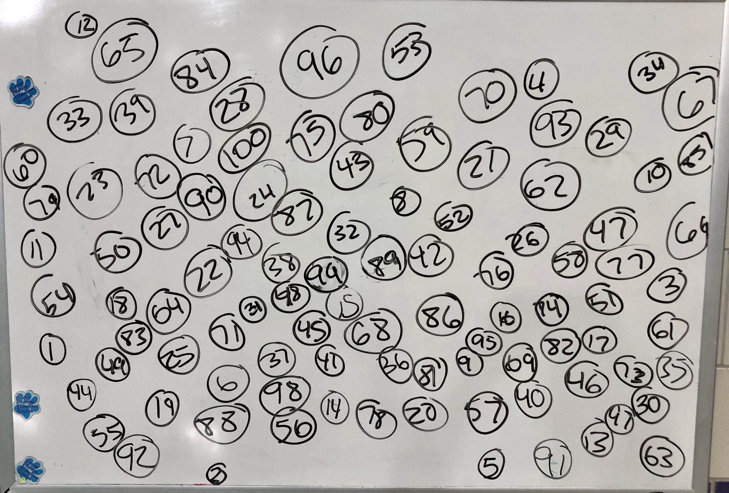 numbers in circles on white board to 100