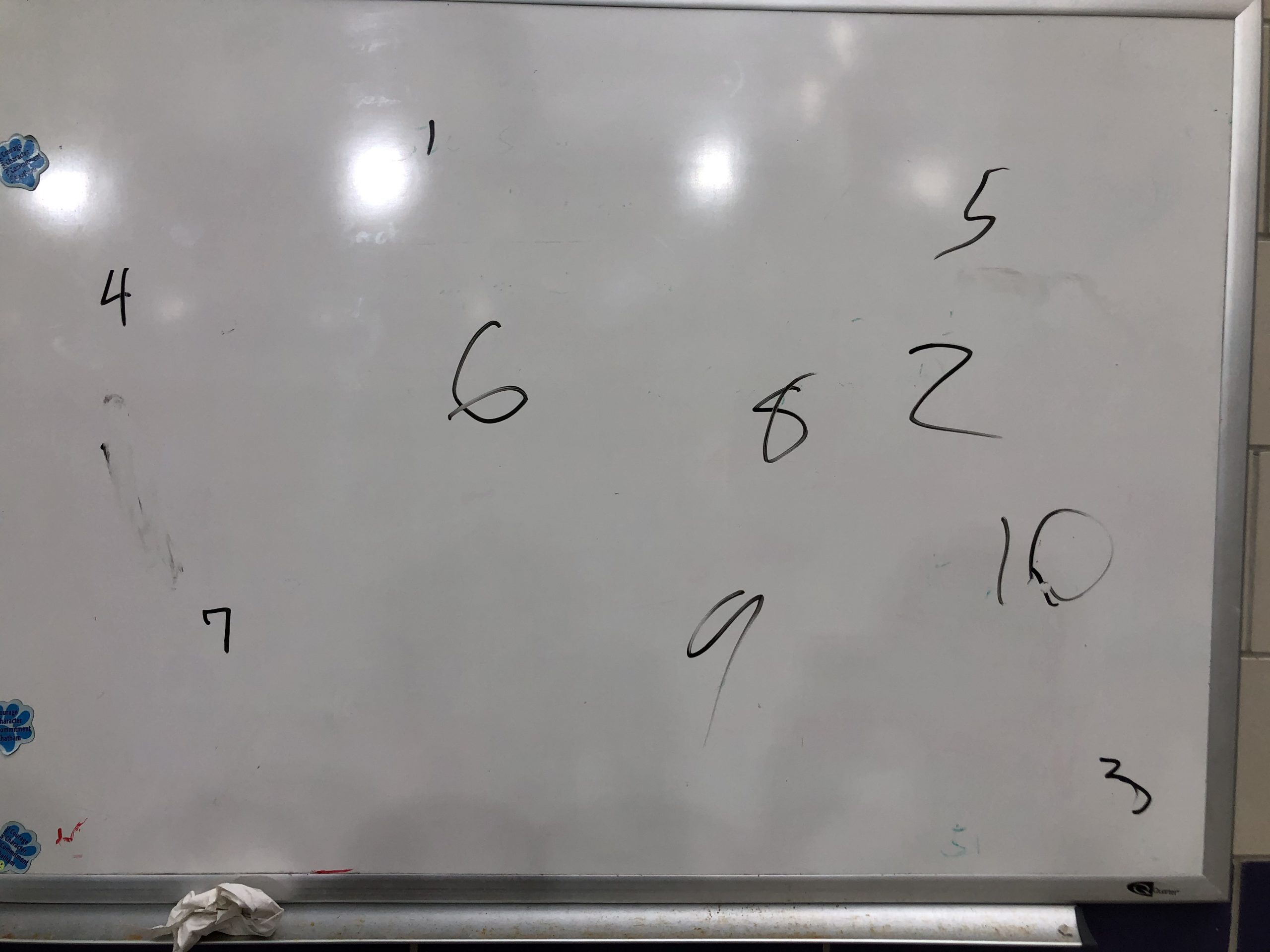 Numbers 1 to 10 on white board