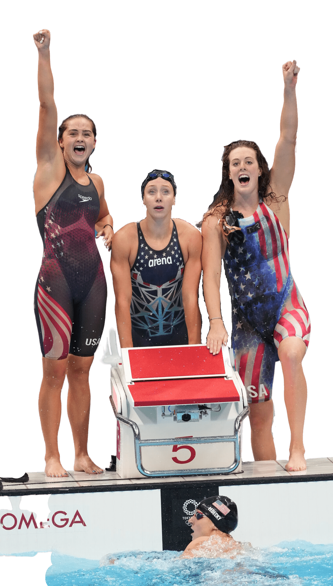 Relay swimmers with fist in air