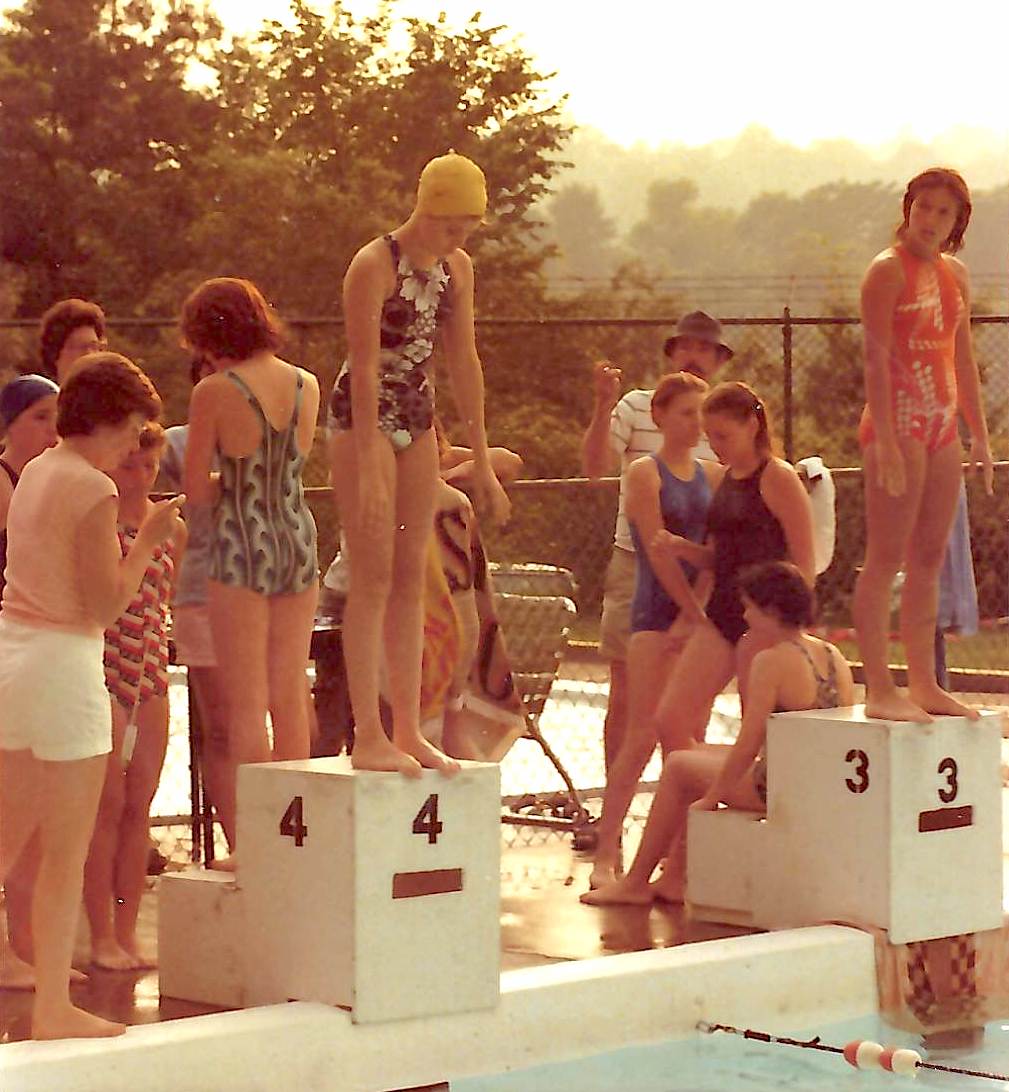 Girls relays on the blocks at Penn Aqua Club back in the 70s.