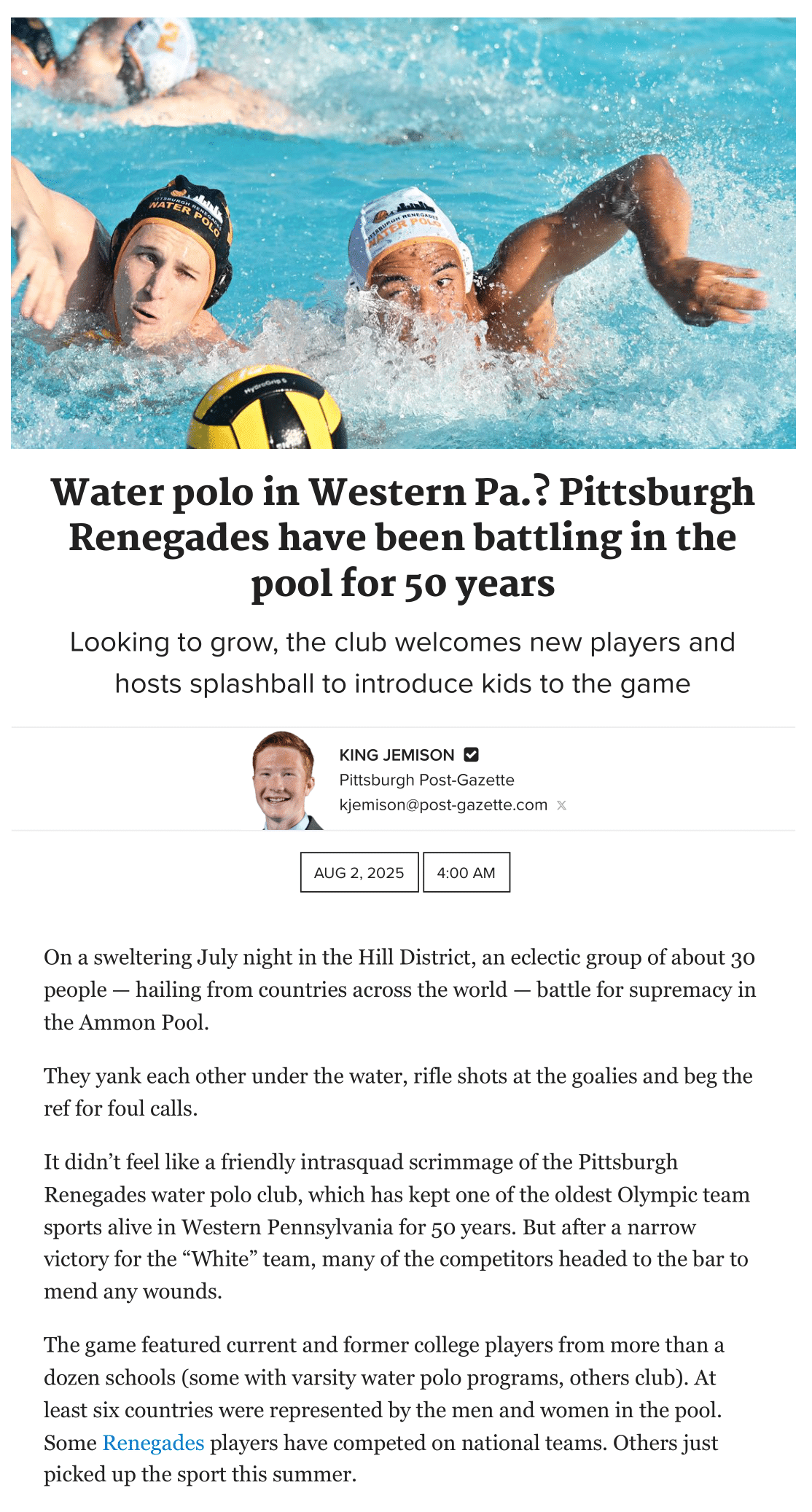 Article on Pittsburgh Masters Water Polo in newspaper