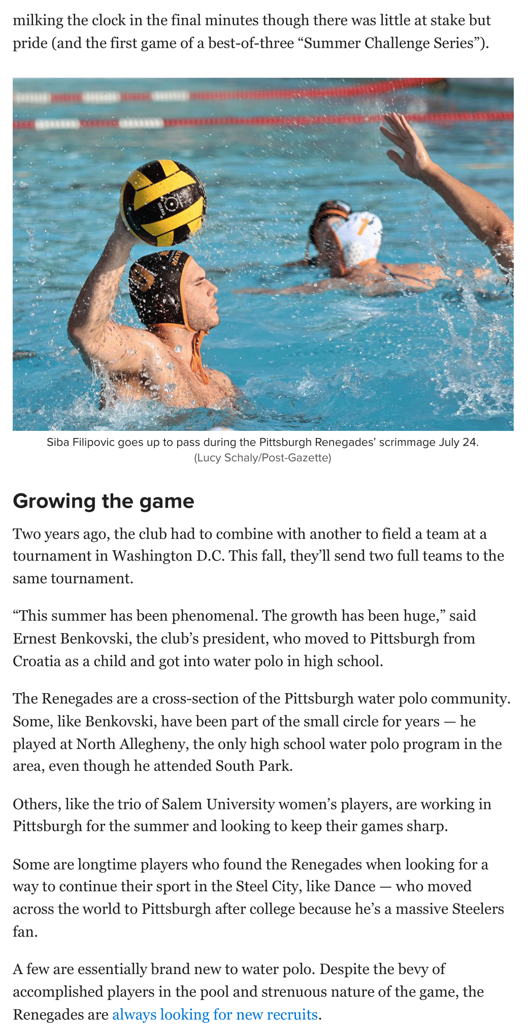 Article on Pittsburgh Masters Water Polo in newspaper